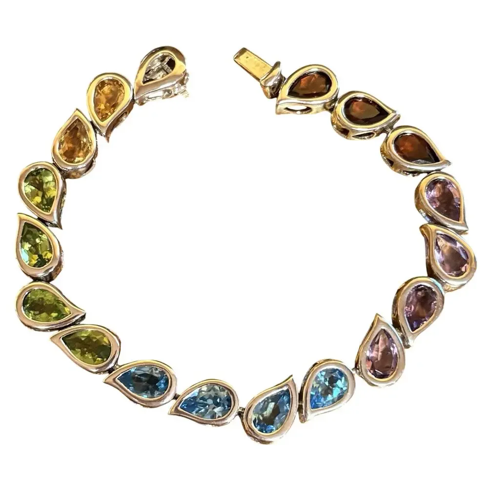 Tennis Bracelet Sterling Silver and Multi Teardrop Gemstones Vintage 7.25 Inch